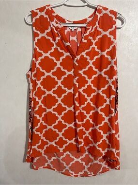 Womens Crown and Ivy Orange Geometric V-Neck Sleeveless Blouse Size X Large